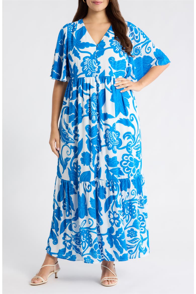 Maci Floral Lody Flare Maxi Dress, Main, color, WHITE-BLUE-MULTI