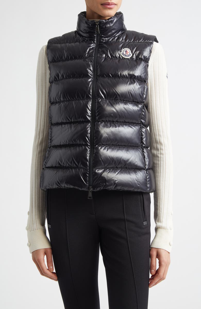 Moncler Ghany Nylon Laqué Down Puffer Vest, Main, color, Black