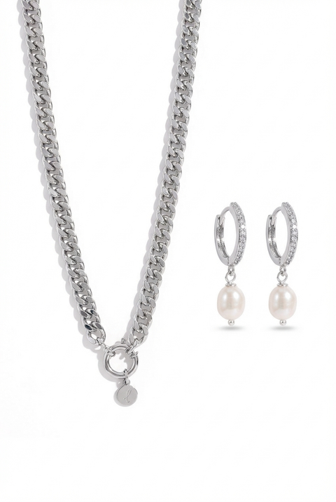 Cuban Link Chain Silver Necklace And Freshwater Pearl Drop Earring Set