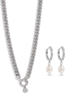 Joey Baby Cuban Link Chain Silver Necklace And Freshwater Pearl Drop Earring Set