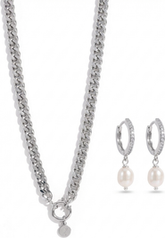 Joey Baby Cuban Link Chain Silver Necklace And Freshwater Pearl Drop Earring Set