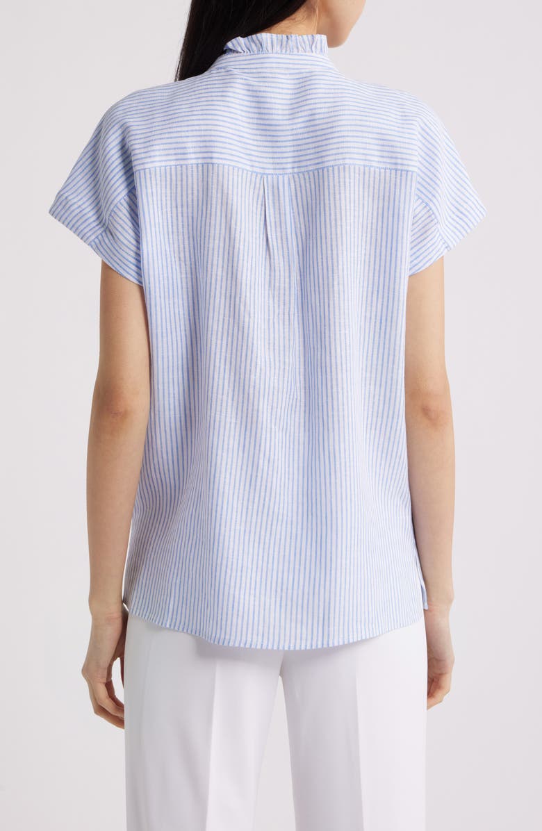 Anne Klein Pinstripe Ruffle Trim Linen Blend Button-Up Top, Alternate, color, Lagoon/ Crisp White