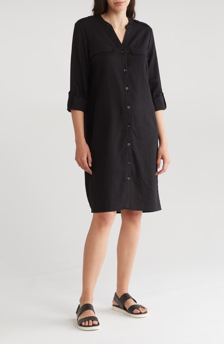 Calvin Klein Front Button Long Sleeve Linen Blend Dress | Nordstromrack