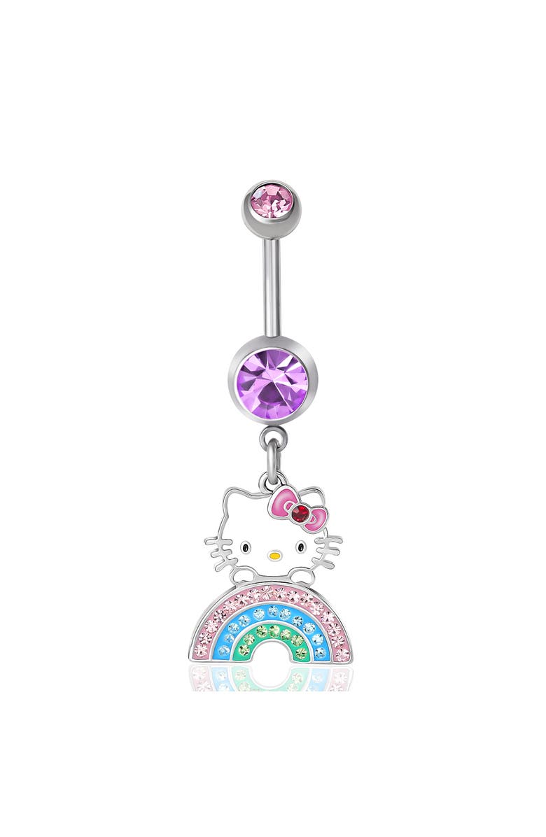 Hello Kitty 14G Stainless Steel Rainbow Crystal Dangle Belly Button Ring, Main, color, Silver, Multicolor