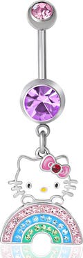 Hello Kitty 14G Stainless Steel Rainbow Crystal Dangle Belly Button Ring