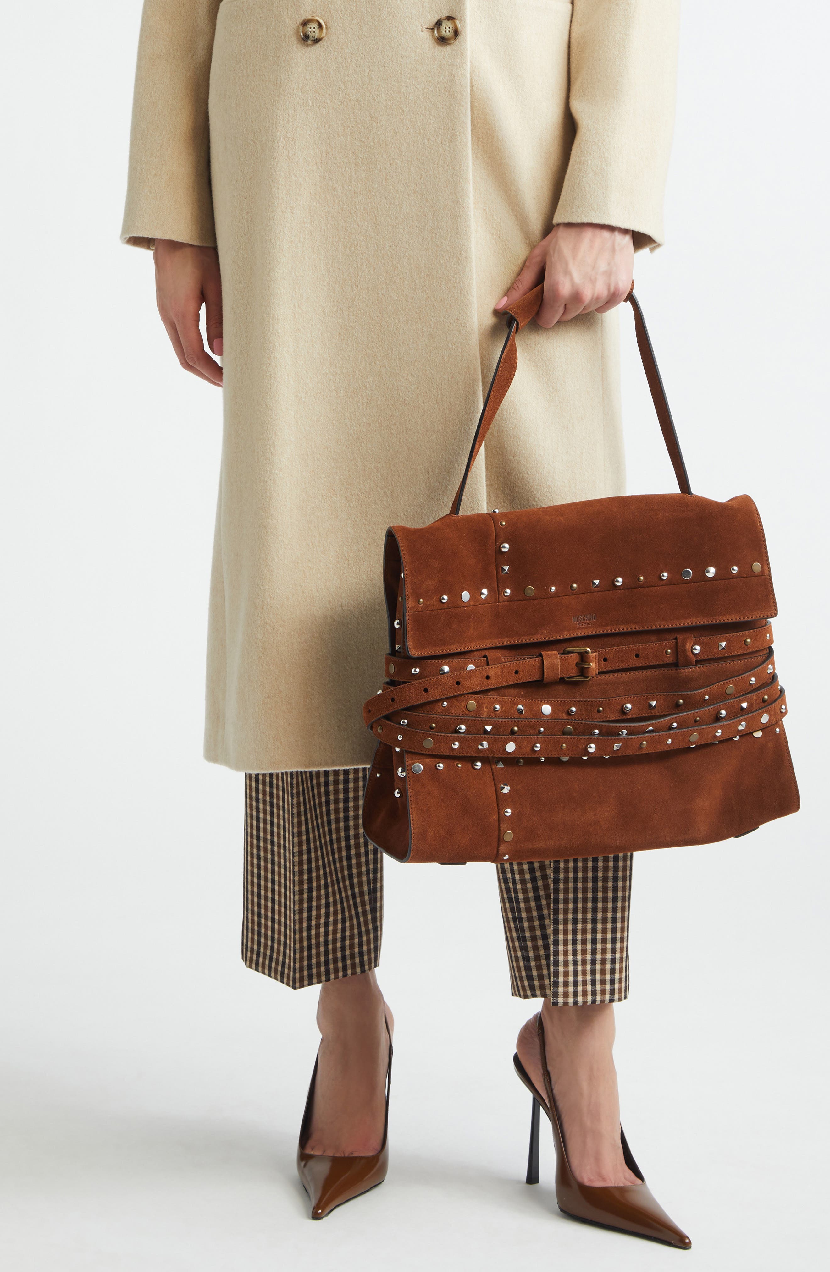 Moschino Tie Me Studded Suede Shoulder Bag, Alternate, color, Brown