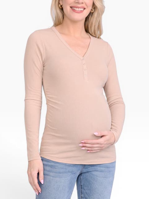 V-Neck Side-Ruched Long Sleeve Henley Tee