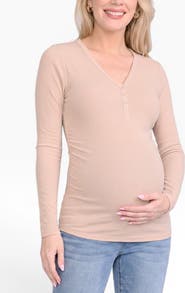 MOTHERHOOD MATERNITY V-Neck Side-Ruched Long Sleeve Henley Tee