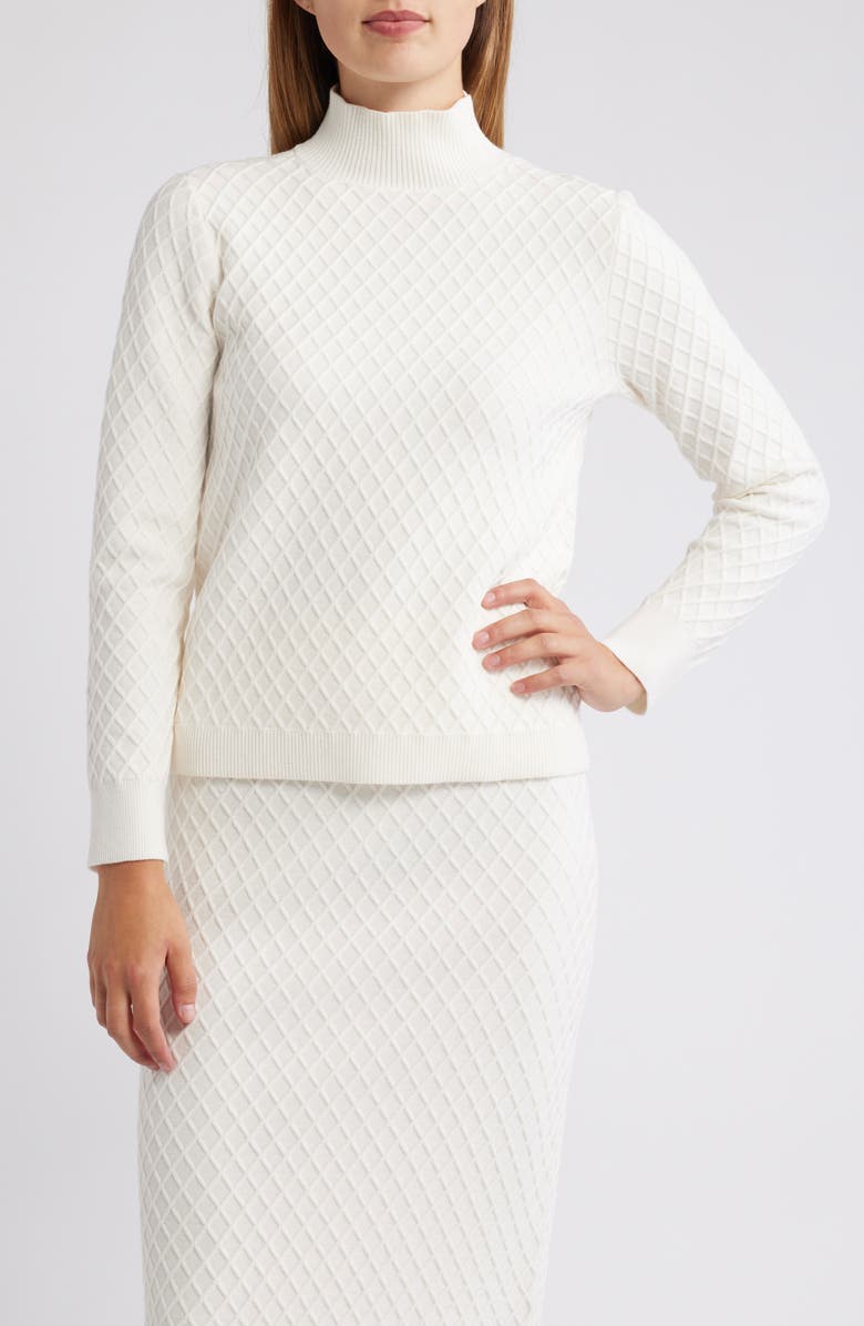 Anne Klein Diamond Stitch Scarf Mock Neck Sweater, Alternate, color, White Dove