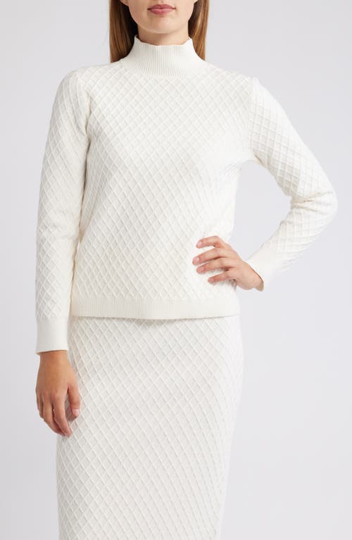 Anne Klein Diamond Stitch Scarf Mock Neck Sweater In White