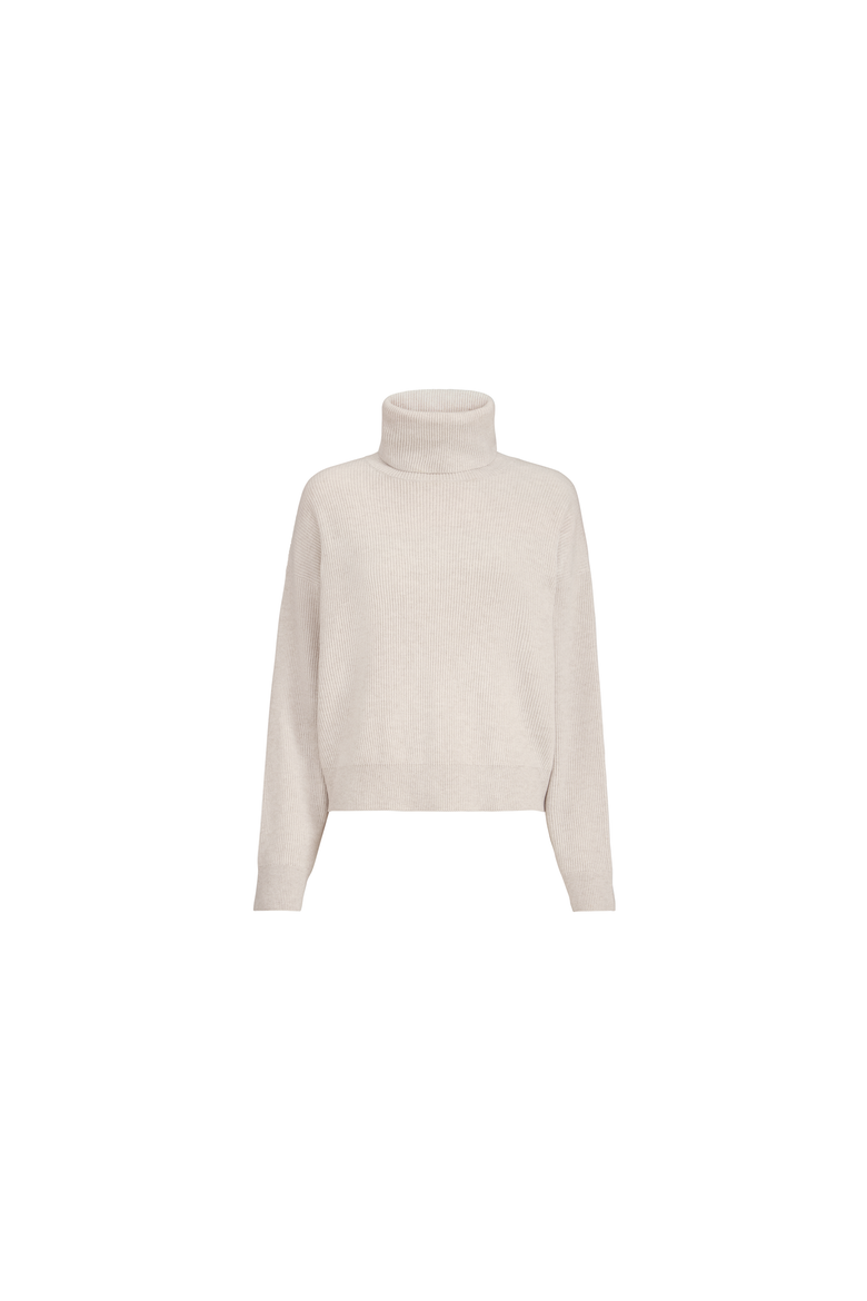 Virgin wool, cashmere and silk English rib turtleneck sweater, Alternate, color, Cool Beige