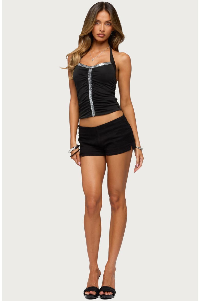 Ruched Sequin Halter Top, Alternate, color, BLACK