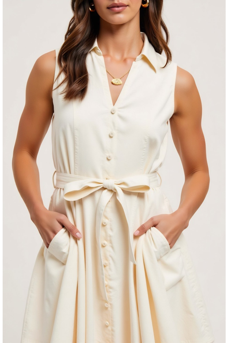 Sleeveless Button-Front Tie-Waist Shirt-Collar Fit-and-Flare Dress, Alternate, color, Ivory