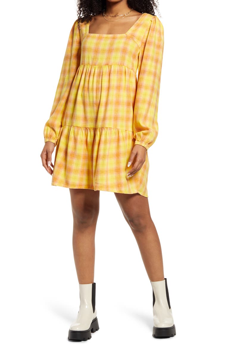 Plaid Long Sleeve Minidress, Main, color, YELLOW- TAN JORDY PLAID