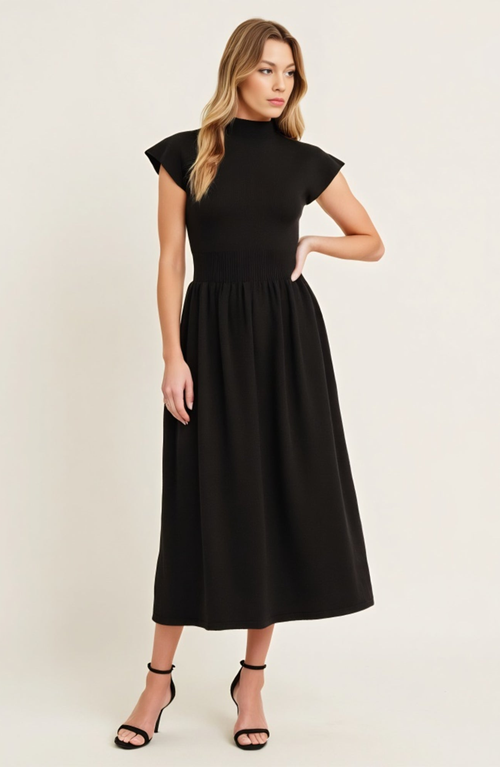 Modenaire Scallop Edge Mock Neck Sleeveless Knit Midi Dress With Flared Skirt