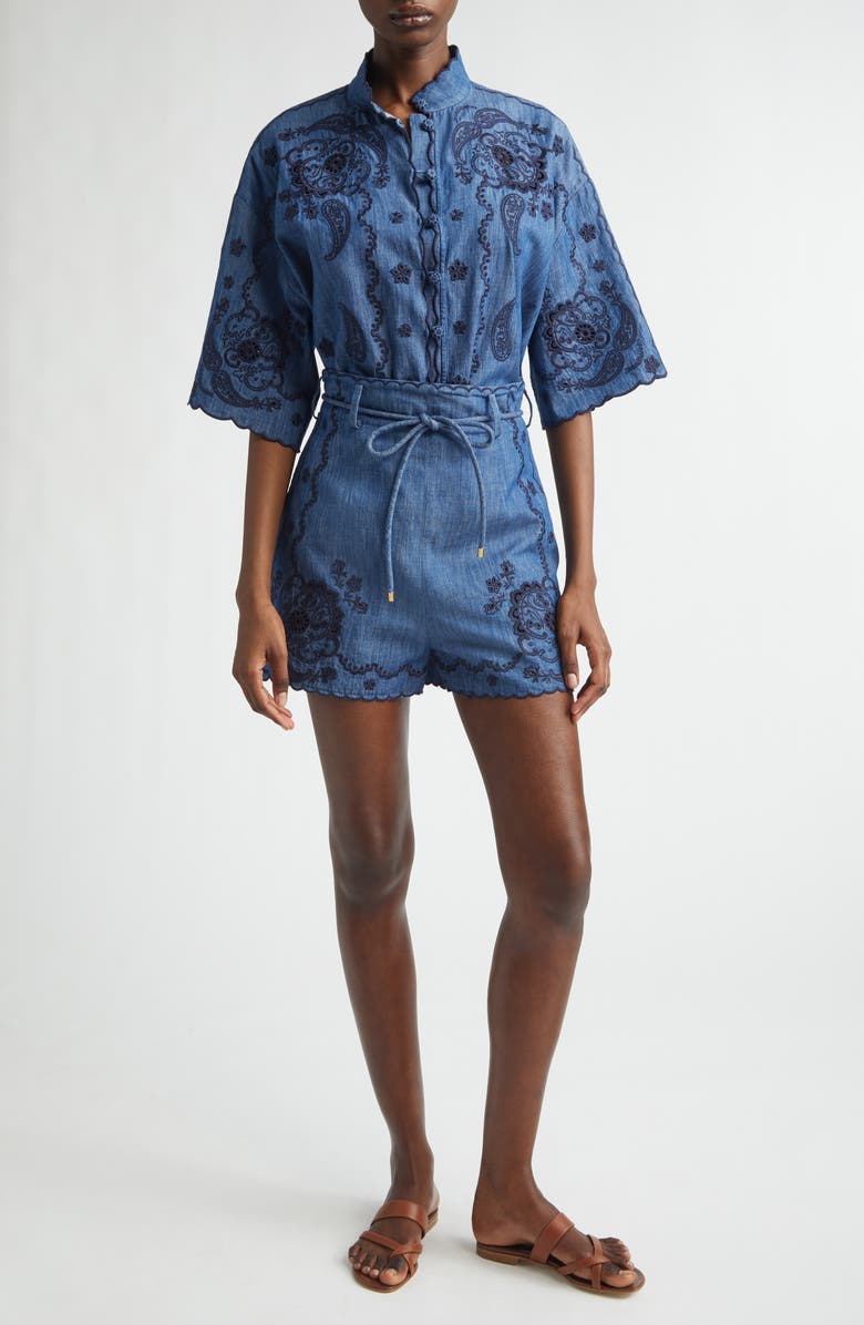 Zimmermann Aster Paisley Embroidered Denim Shorts, Alternate, color, Railway Blue
