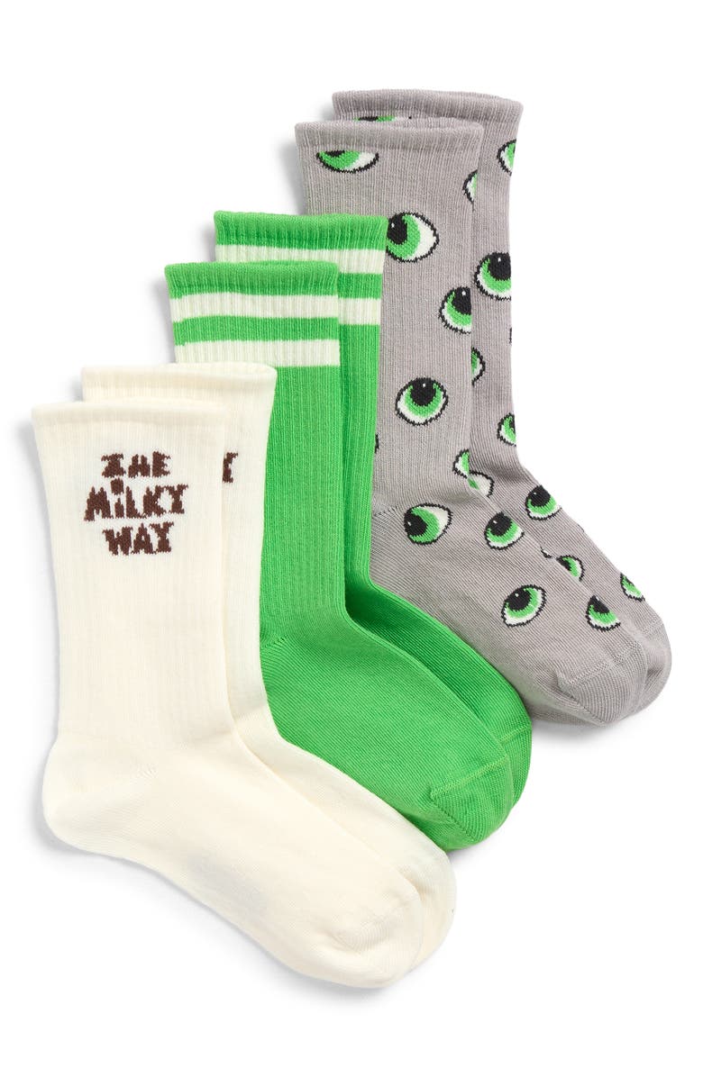 Mini Rodini Kids' Assorted 3-Pack Eyes Crew Socks, Main, color, Green Multi