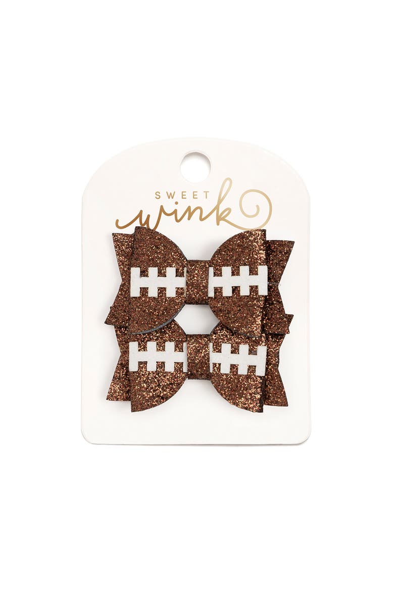 Game Day Glitter Bow Clip Set, Main, color, Brown