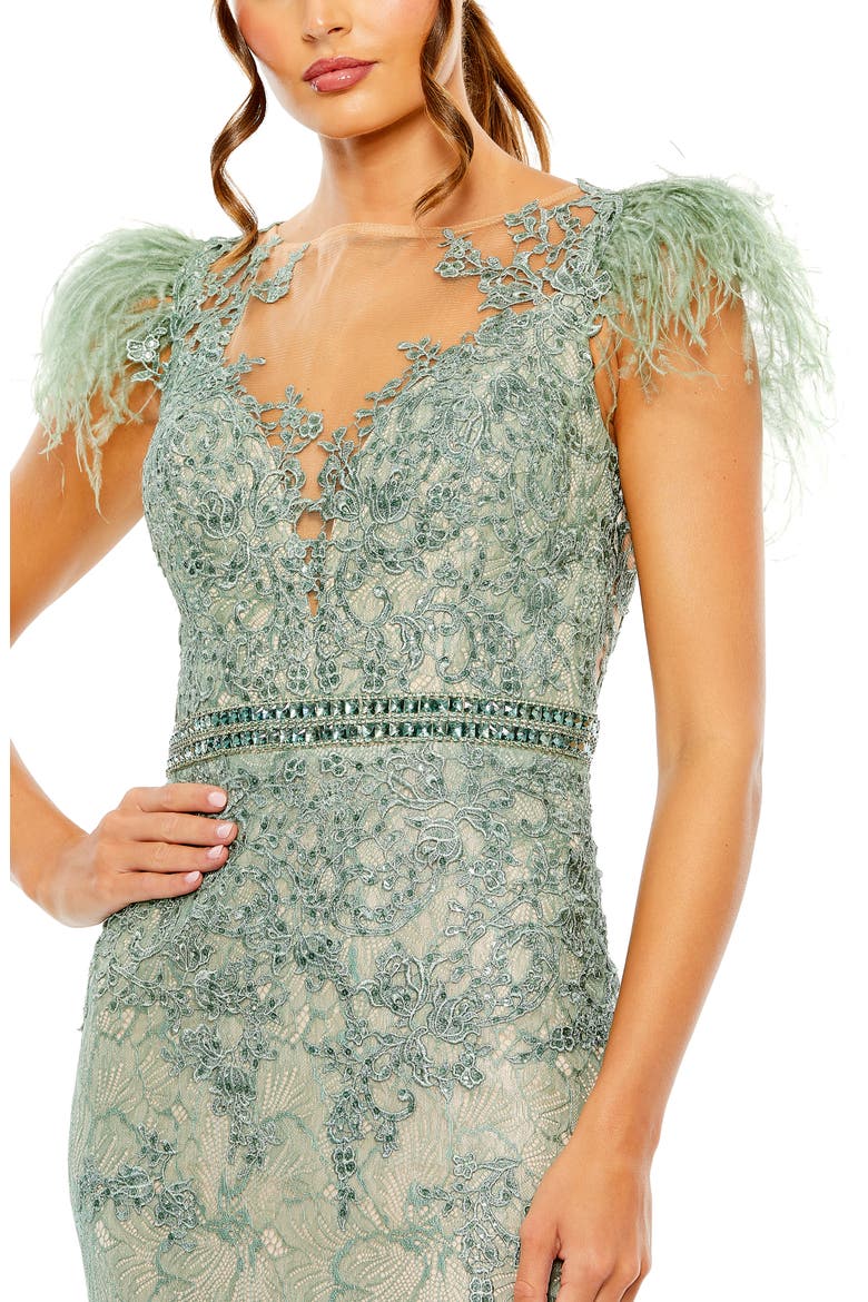 Embellished Feather Cap Sleeve Illusion Neck Trumpet Gown, Alternate, color, SAGE