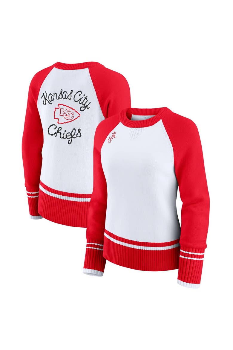 Women's WEAR by Erin Andrews White/Red Kansas City Chiefs Colorblock Raglan Sweater, Main, color, White