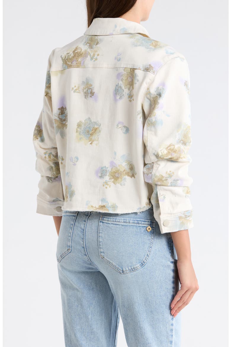 Ruched Sleeve Crop Denim Jacket, Alternate, color, OFF WHITE/ LAVENDER MULTI