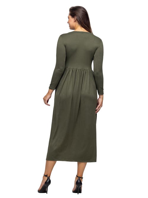 24seven Comfort Apparel Long Sleeve Empire Waist Pocket Maxi Dress In Green
