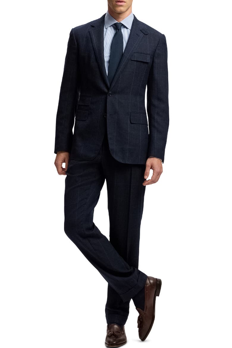 Gregory Pleated Glen Plaid Cashmere Trousers, Alternate, color, DARK NAVY MULTI