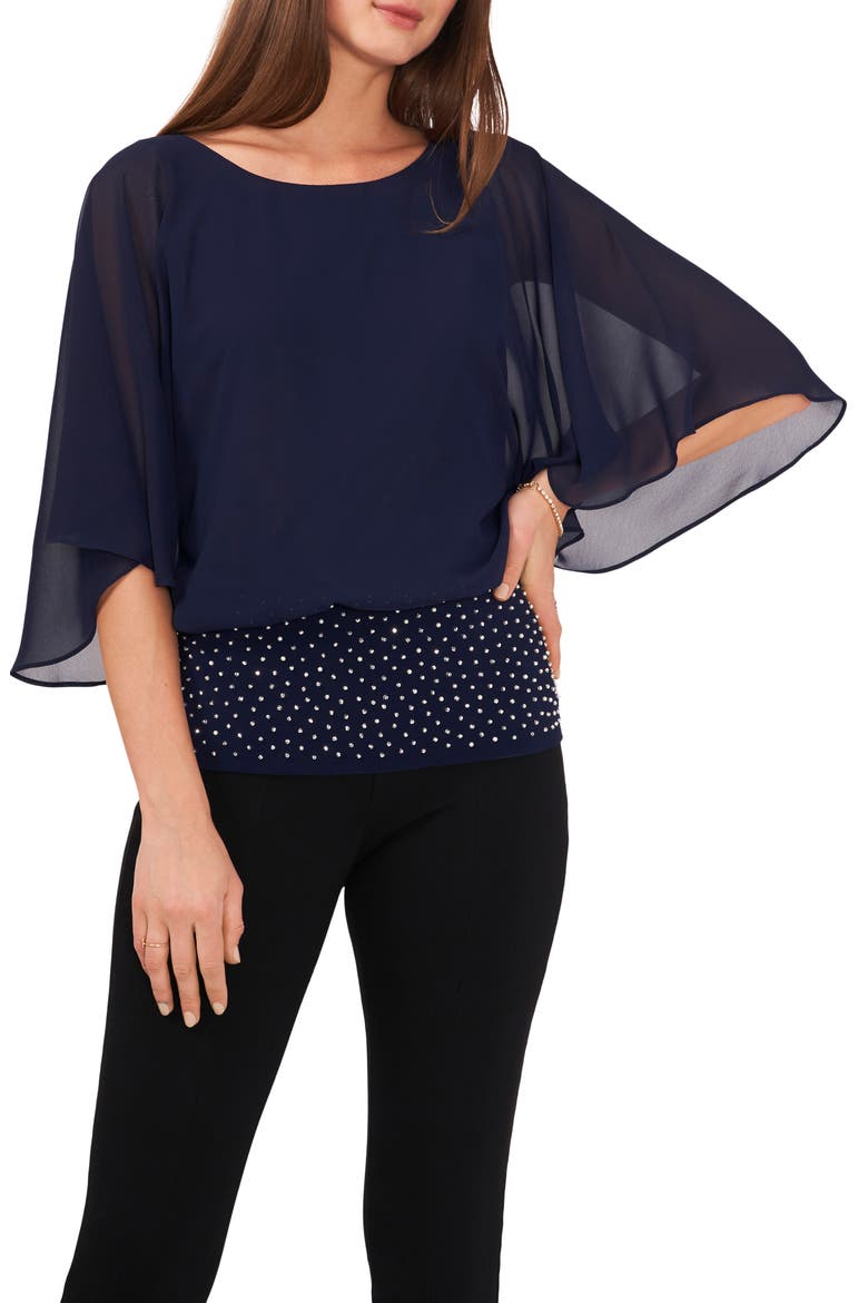 Flutter Sleeve Blouson Top, Main, color, NAVY