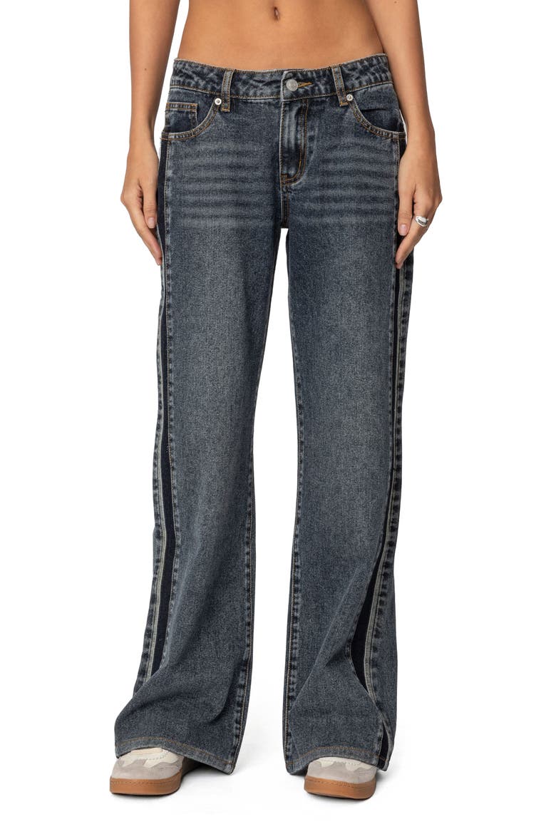 Contrast Panel Low Rise Wide Leg Jeans, Main, color, DARK-BLUE