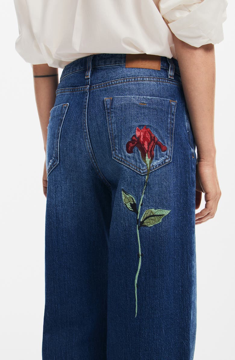 Desigual Ainara Rose Embroidered Wide Leg Jeans, Alternate, color, 
