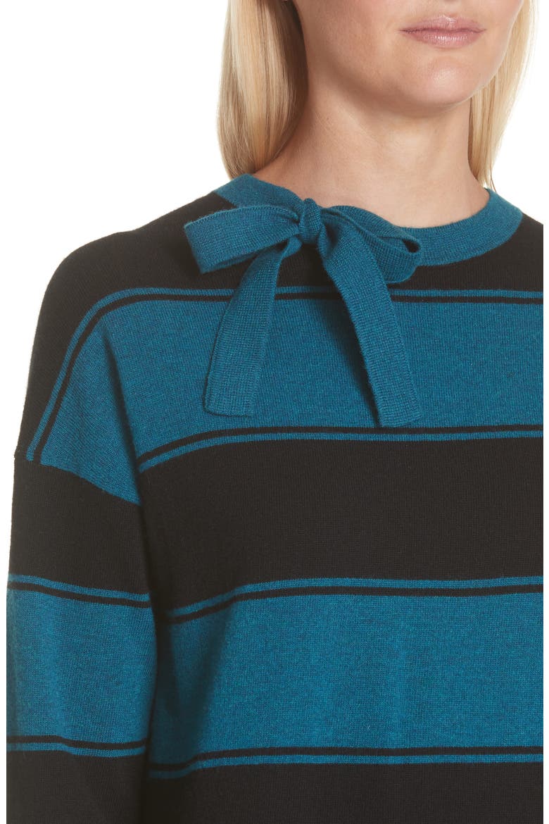 Tie Neck Stripe Wool Sweater Dress, Alternate, color, TEAL MULTI