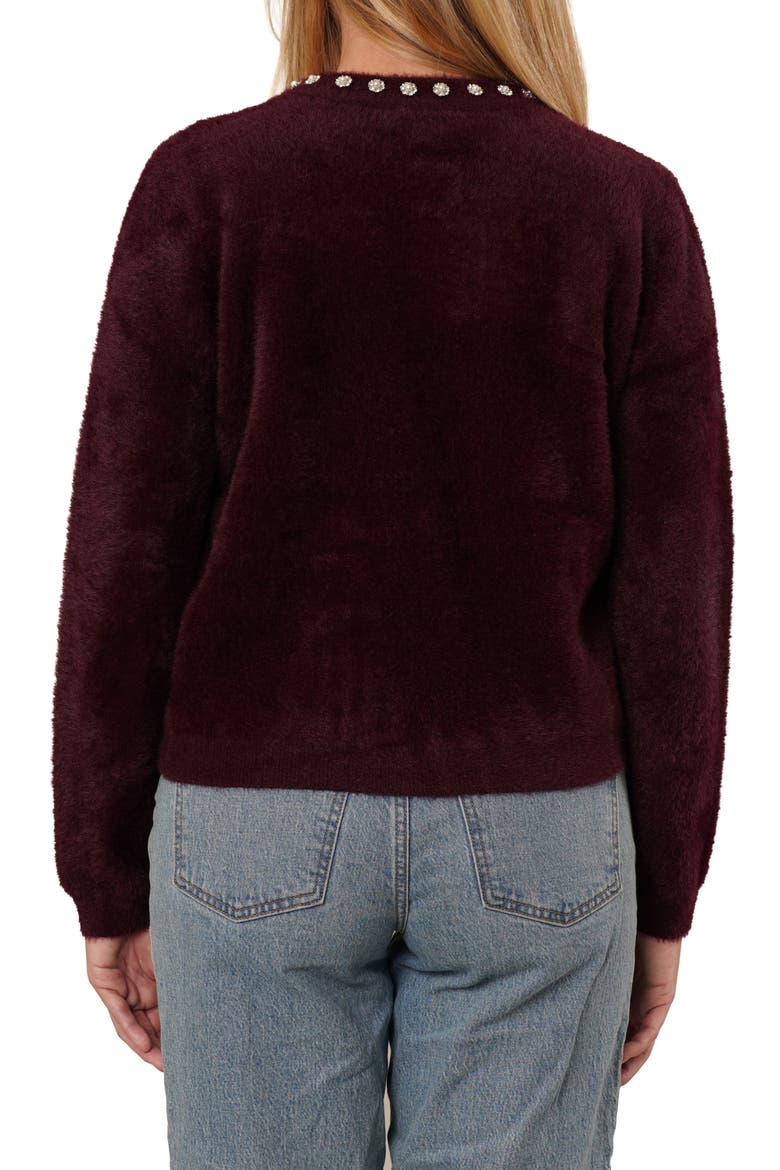 Embellished Fuzzy Cardigan, Alternate, color, DEEP WINE
