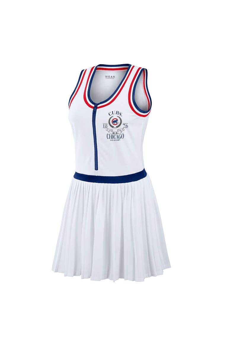 Women's WEAR by Erin Andrews White Chicago Cubs Zip-Front Pleated Tri-Blend Scoop Neck Tank Dress, Alternate, color, White