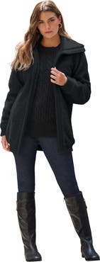 Roaman's Plus Size High Collar Teddy Fleece Bomber