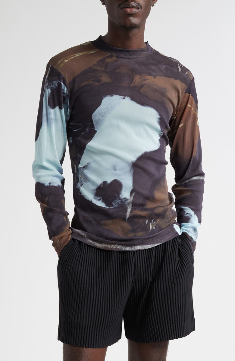 Homme Plissé Issey Miyake Agate Print Sheer Mesh Long Sleeve Shirt, Main, color, Brown