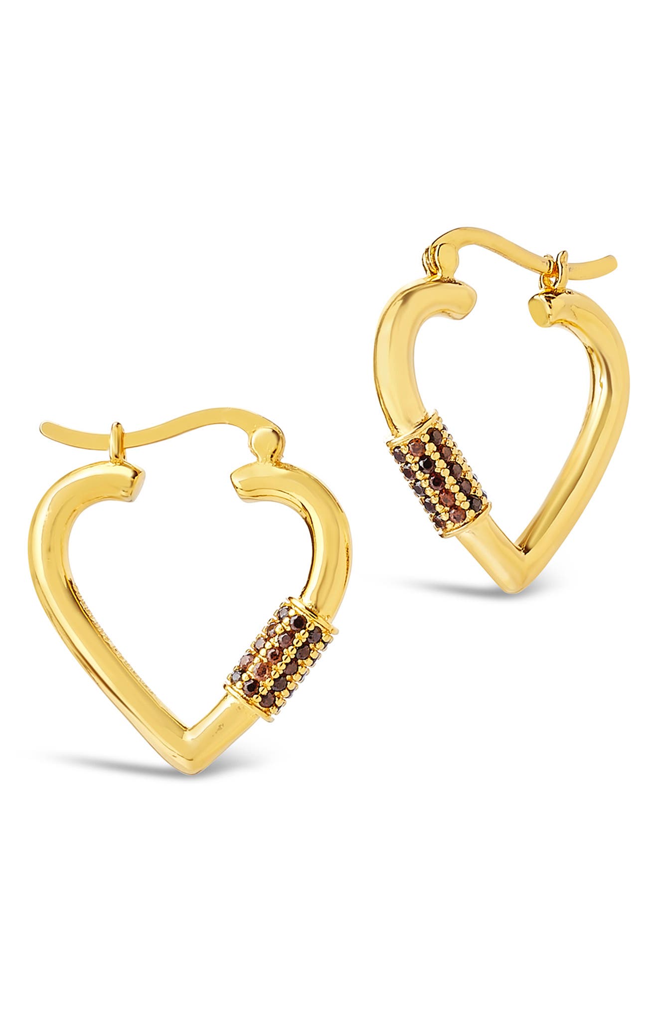 Sterling Forever Rootbeer CZ Heart Carabiner Lock Hoop Earrings