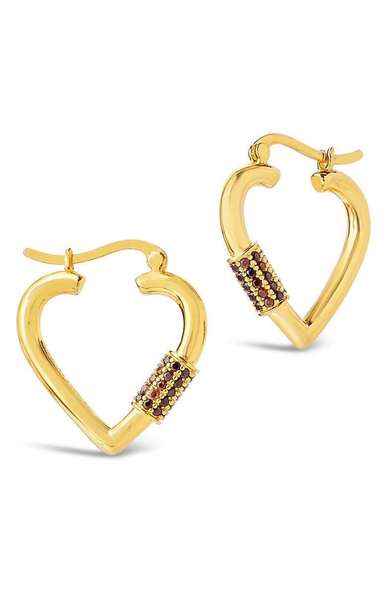 Sterling Forever Rootbeer CZ Heart Carabiner Lock Hoop Earrings, Main, color, Gold