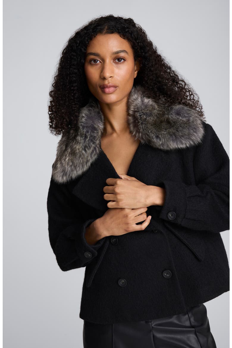 Cropped Peacoat with Removable Faux Fur Collar, Alternate, color, BLACK