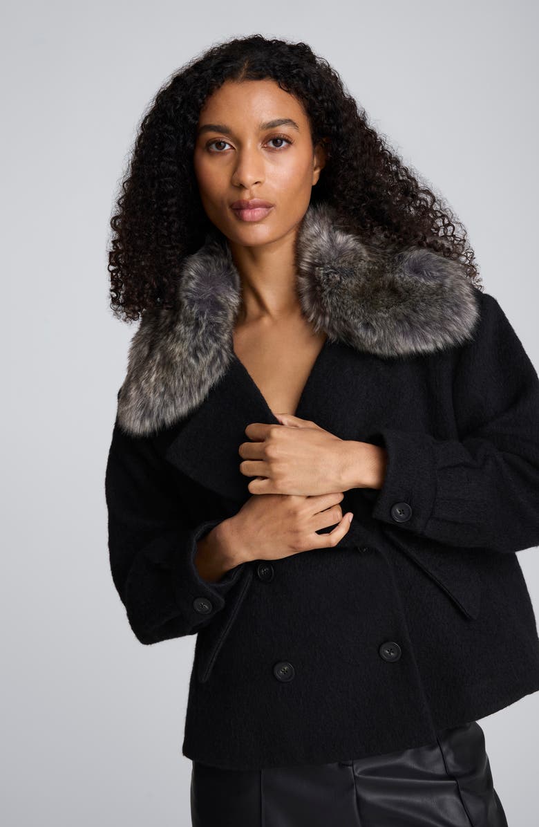 Kenneth Cole Cropped Peacoat with Removable Faux Fur Collar, Alternate, color, Black
