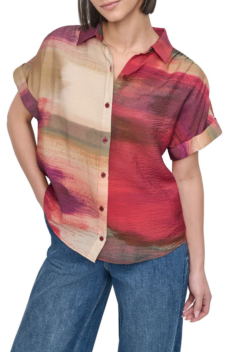 DKNY Abstract Print Textured Short Sleeve Button-Up Shirt, Main, color,