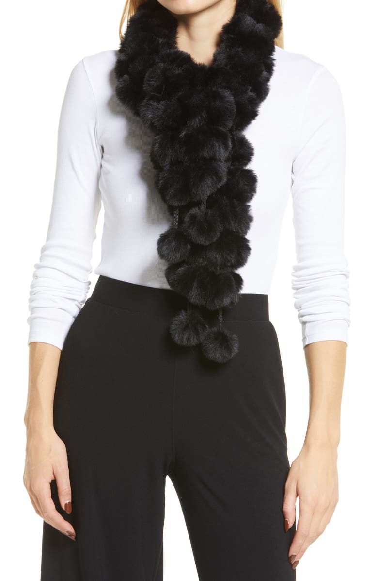 La Fiorentina Faux Fur Pompom Muffler Scarf, Main, color, Black