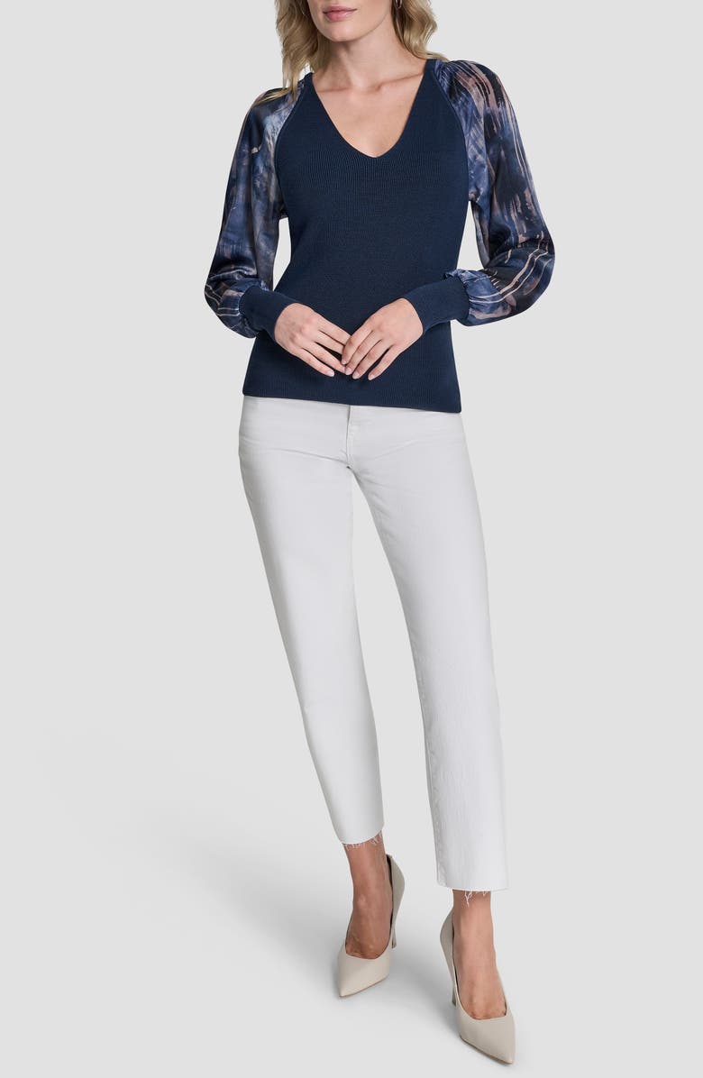 DKNY Printed Sleeve Mixed Media Sweater, Alternate, color, Hudson Blue/Hudson Lights