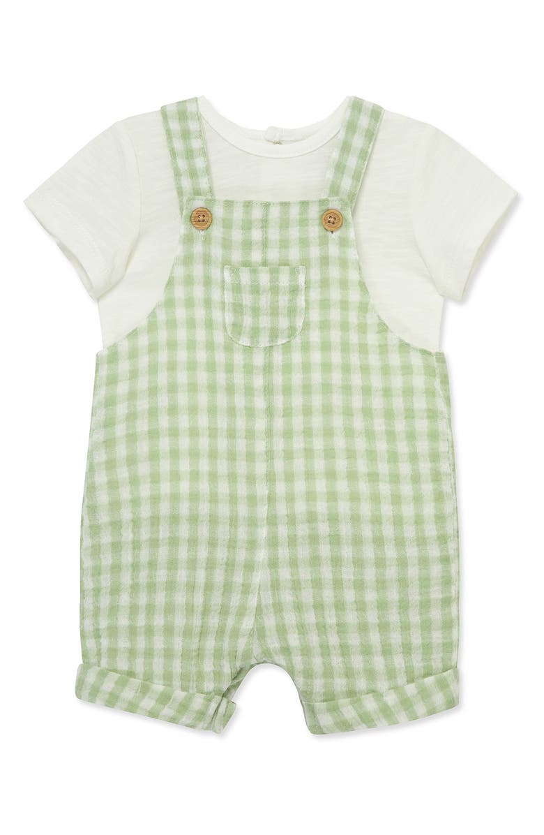 Little Me Slub T-Shirt & Gingham Shortalls Set, Main, color, 