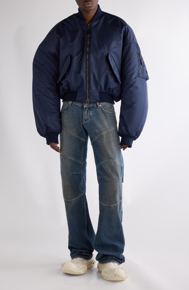 Balenciaga Round Satin Bomber Jacket, Alternate, color, Dark Navy