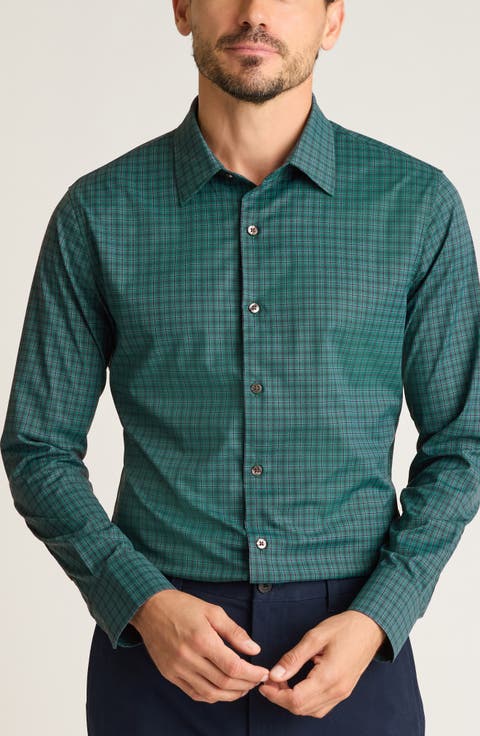 Tech Slim Fit Green Gingham Check Performance Button-Down Shirt