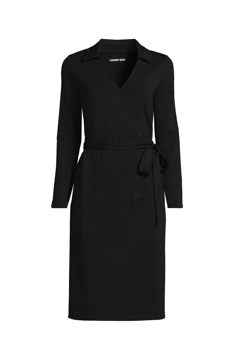 Lands' End Cotton Modal Collared Wrap Dress, Alternate, color, Black