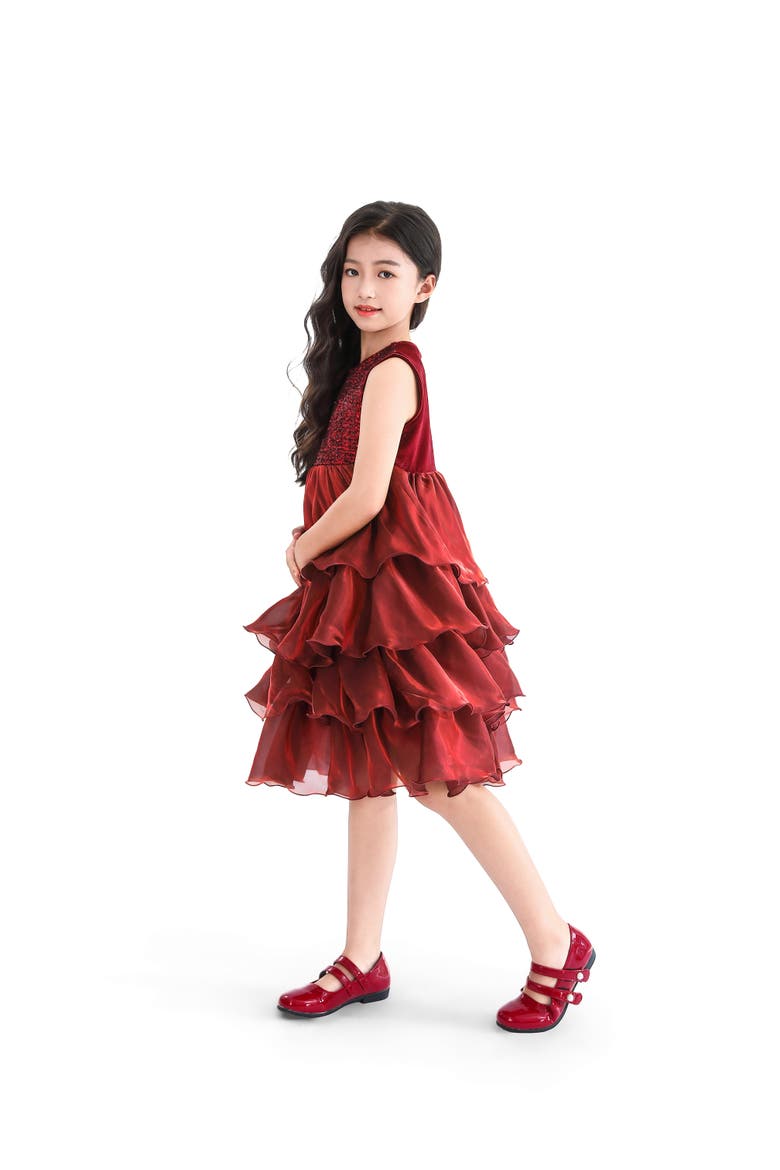 Sequin & Tiered Organza Dress, Alternate, color, Red