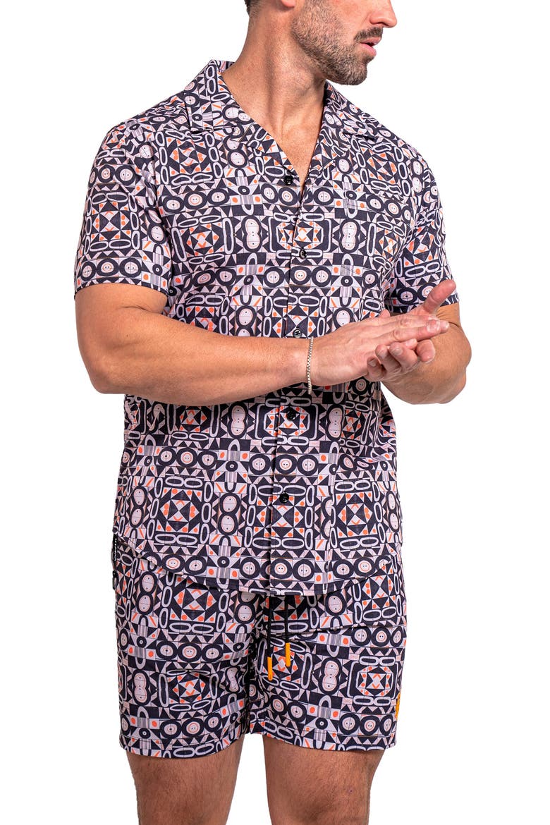 Liontiles Print Black Swim Trunks, Alternate, color, BLACK