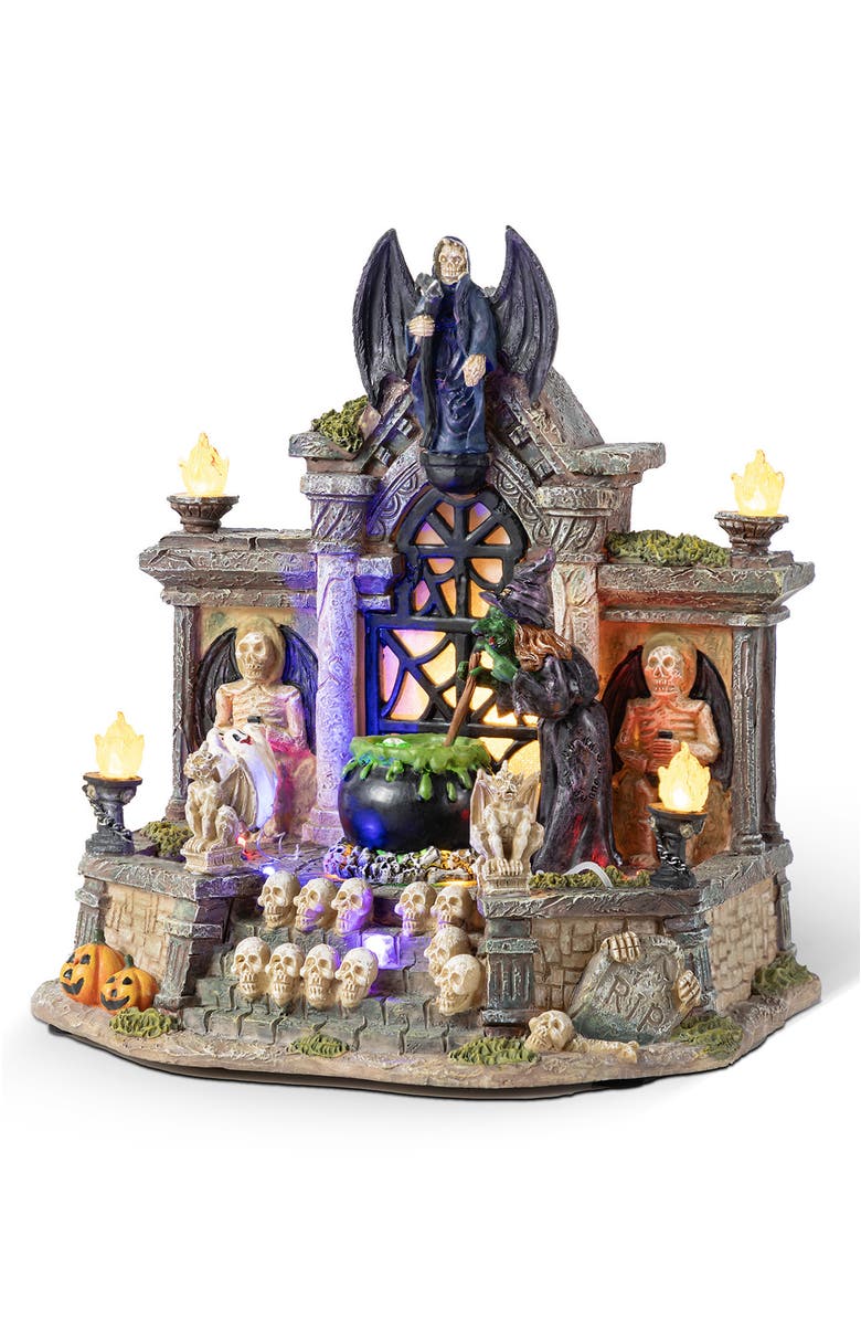 Glitzhome 9.75"H Lighted Resin Halloween Haunted House Village, Main, color, Black