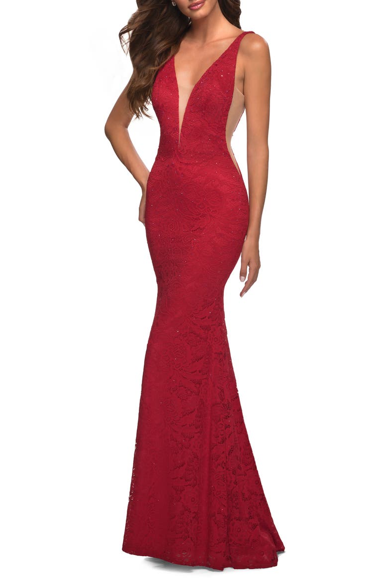 Illusion Inset Lace Gown, Main, color, RED